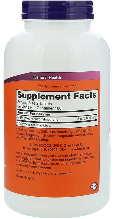 Suplement diety Metylosulfonylometan w tabletkach, 1500 mg - Now Foods MSM Methylsulfonylmethane — Zdjęcie N3
