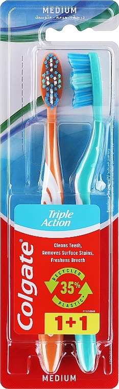 Zestaw szczoteczek do zębów Triple Action, o średniej twardości, 2 szt., pomarańczowa, niebieska - Colgate Triple Action Medium  — Zdjęcie N1