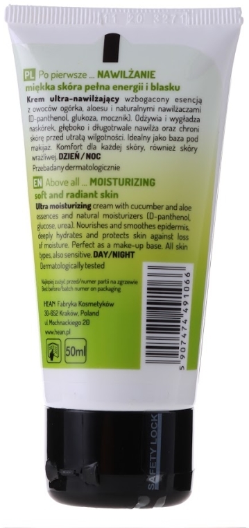 Ultranawilżający krem do twarzy Ogórek i aloes - Hean Basic Care Cucumber & Aloe Moisturizing Cream — Zdjęcie N2