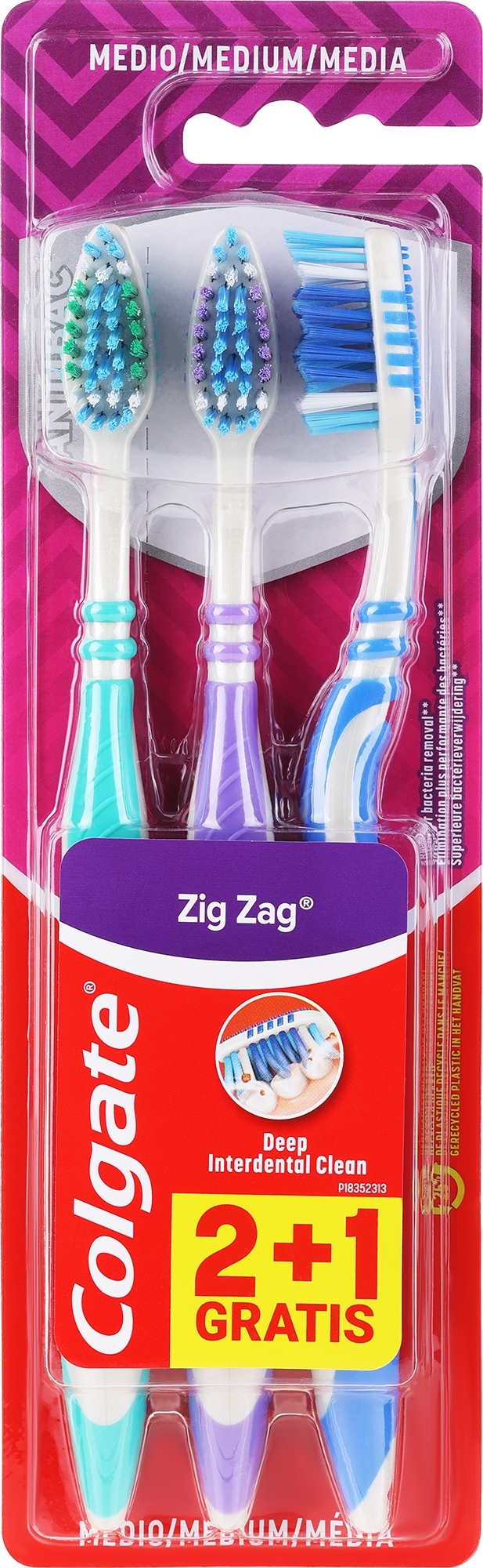 Szczoteczka do zębów 3 szt., średnia, zielona+fioletowa+niebieska - Colgate Medium Toothbrush — Zdjęcie 3 szt.