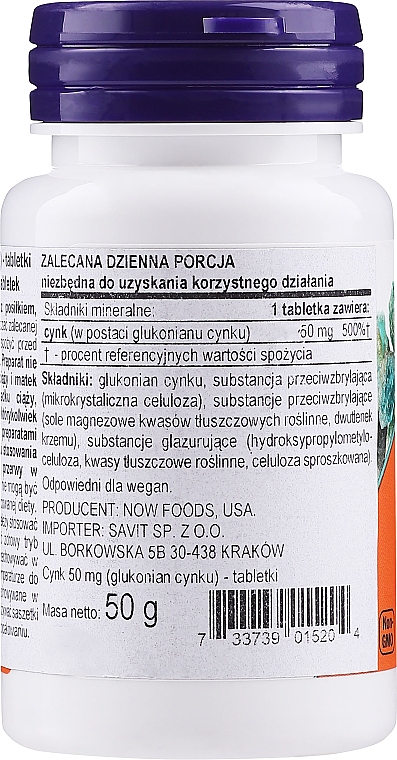 Tabletki wegetariańskie z glukonianem cynku 50 mg - Now Foods Zinc 50mg — Zdjęcie N2