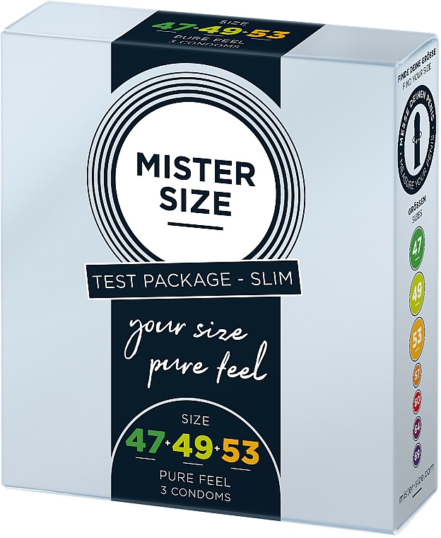 Prezerwatywy lateksowe, rozm. 47-49-53, 3 szt. - Mister Size Test Package Slim Pure Fell Condoms — Zdjęcie N1