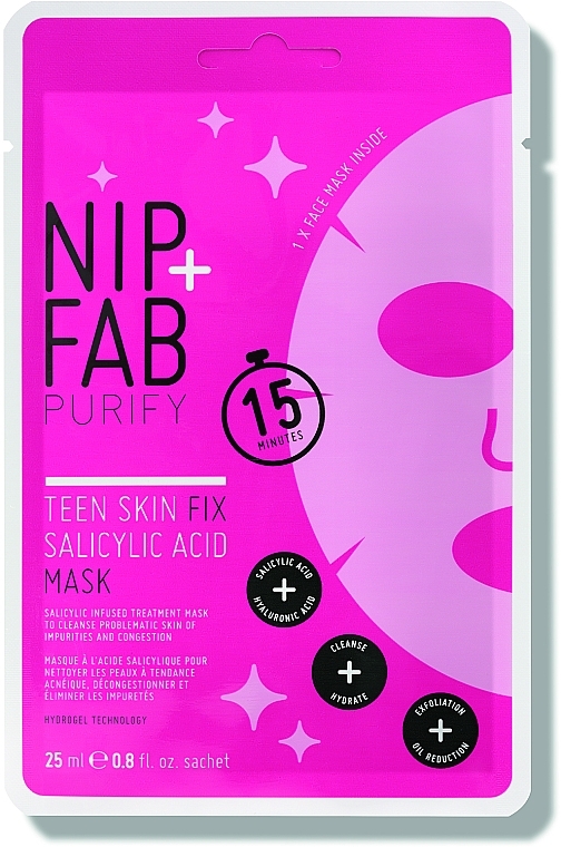 PREZENT! Maska w płachcie z kwasem salicylowym do cery trądzikowej i z niedoskonałościami - NIP+FAB Purify Teen Skin Fix Salicylic Acid Sheet Mask — Zdjęcie N1