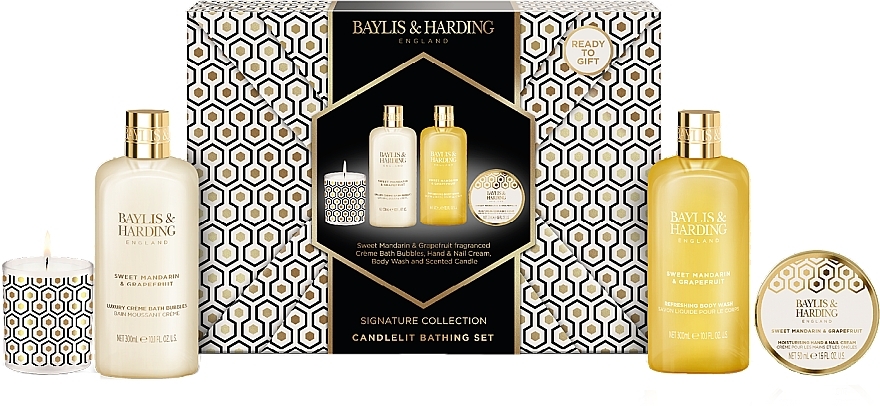 Zestaw - Baylis & Harding Sweet Mandarin & Grapefruit Gift Wrapped Candletlit Gift Set (b/bubble/300ml + b/wash/300ml + h/cr/50ml + candle/60g) — Zdjęcie N1