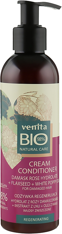 Regenerująca odżywka z hydrolatem z róży damasceńskiej, ekstraktem z nasion lnu i olejem z białego maku do włosów zniszczonych - Venita Bio Natural Care Cream Conditioner