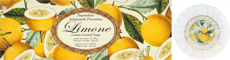 Zestaw naturalnych mydeł w kostce Cytryna - Saponificio Artigianale Fiorentino Lemon Soap (3 x soap 100 g) — Zdjęcie N1