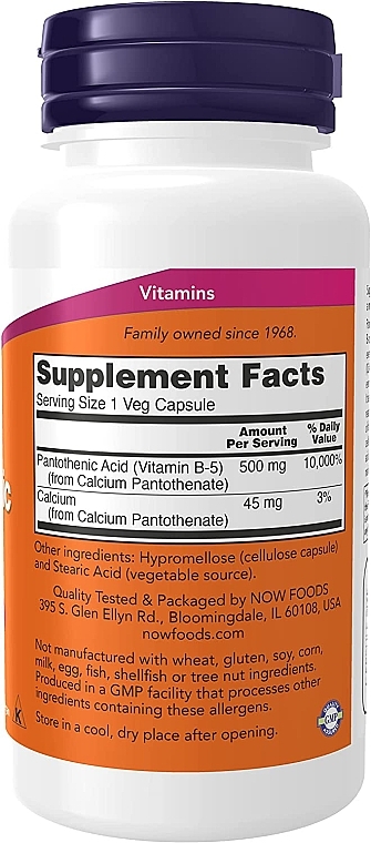 Kapsułki z kwasem pantotenowy, 500 mg - Now Foods Pantothenic Acid — Zdjęcie N2