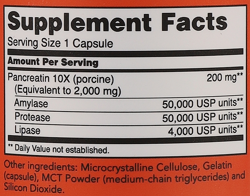 Pankreatyna w kapsułkach 10 x 200 mg - Now Foods Pancreatin — Zdjęcie N3