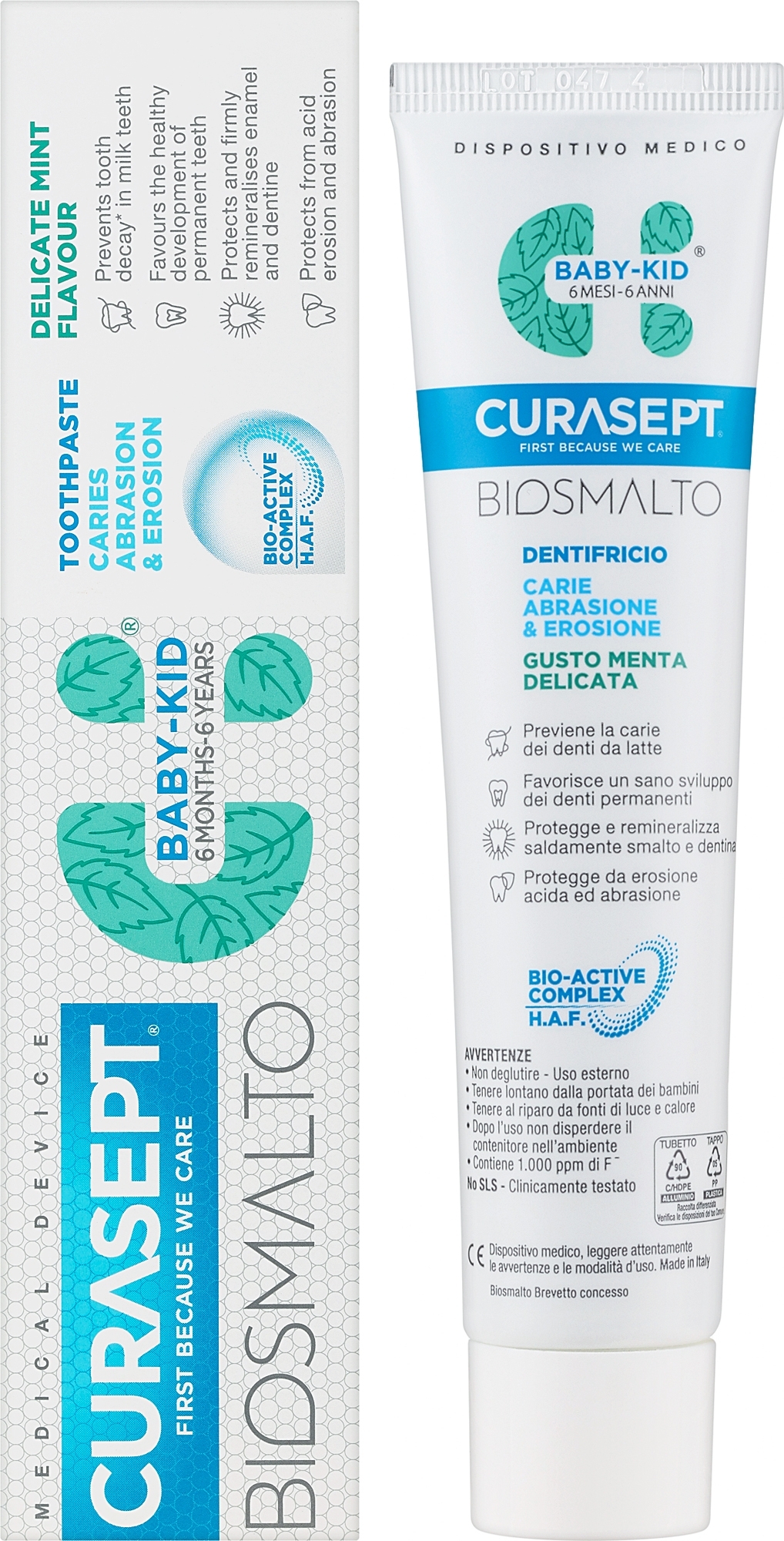 Pasta do zębów dla dzieci od 6 miesięcy do 6 lat, miętowa - Curaprox Curasept Biosmalto Baby-Kid Caries, Abrasion & Erosion Delicate Mint — Zdjęcie 50 ml