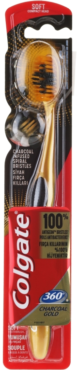 Miękka szczoteczka do zębów, złoto-czarna - Colgate 360 Charcoal Gold Soft Toothbrush — Zdjęcie N1