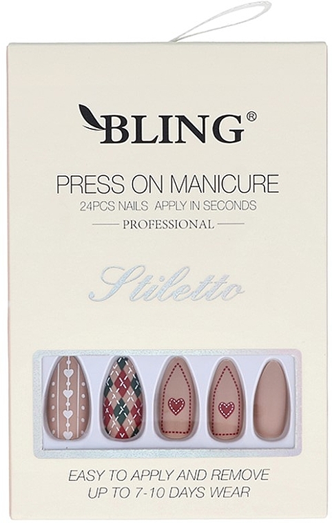 Sztuczne paznokcie Stiletto, różowe z nadrukiem - Bling Press On Manicure — Zdjęcie N1
