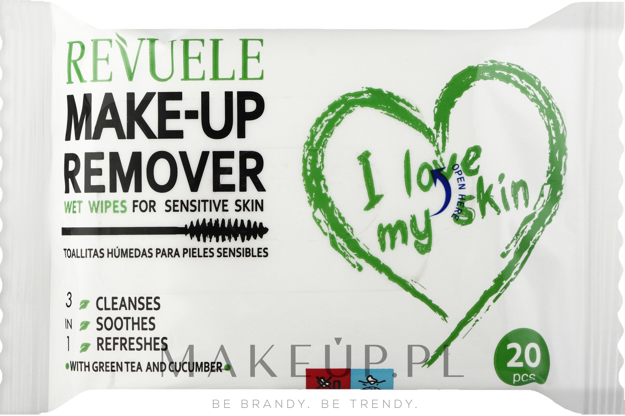 Chusteczki do demakijażu skóry wrażliwej z ekstraktem z zielonej herbaty i ogórka - Revuele Make-up Remover I Love My Skin Wet Wipes For Sensitive Skin — Zdjęcie 20 szt.
