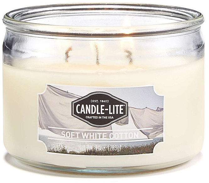 Świeca zapachowa w słoiku z trzema knotami - Candle-Lite Company Soft White Cotton Candle — Zdjęcie N1