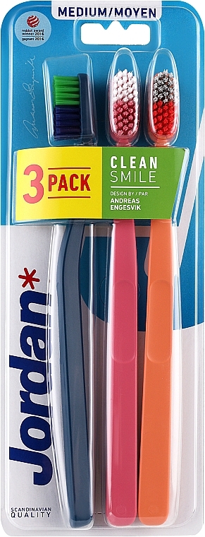 Średnio twarda szczoteczka do zębów, 3 szt., granatowa + różowa + pomarańczowa - Jordan Clean Smile Medium — Zdjęcie N1