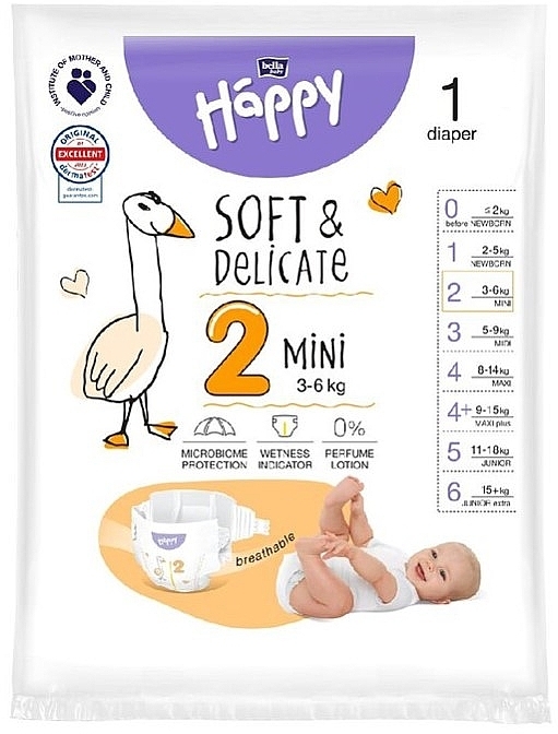 Pieluchy dziecięce 3-6 kg, rozmiar 2 Mini, 1 sztuka - Bella Baby Happy Soft & Delicate — Zdjęcie N1