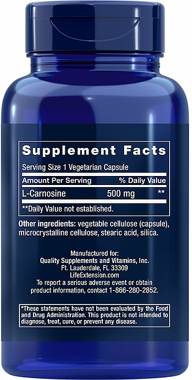 Suplement diety Karnozyna - Life Extension Carnosine, 500 mg  — Zdjęcie N2