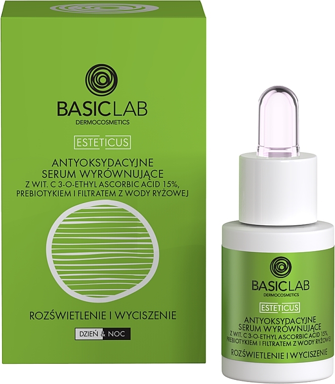 Antyoksydacyjne serum wyrównujące do twarzy z witaminą C 15% Rozświetlenie i wyciszenie - BasicLab Dermocosmetics Esteticus  — Zdjęcie N1