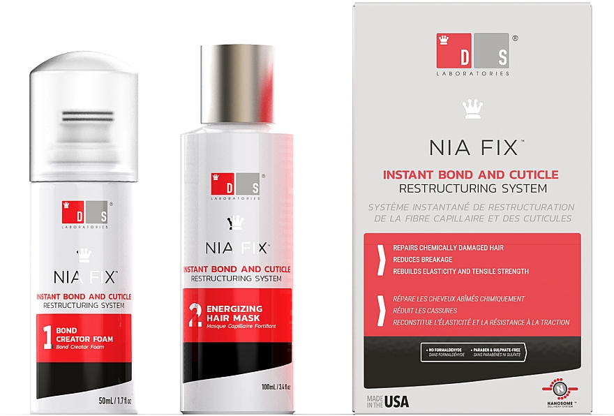Zestaw - DS Laboratories Nia Fix Instant Bond And Cuticle Restructuring System (hair/foam/50ml + hair/mask/100ml) — Zdjęcie N1