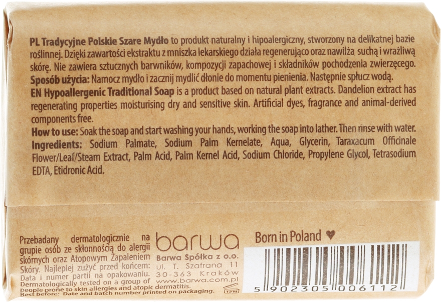 Hipoalergiczne tradycyjne polskie szare mydło z ekstraktem z mniszka lekarskiego - Barwa — Zdjęcie N2