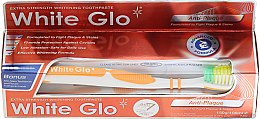 Kup Zestaw do usuwania kamienia nazębnego z biało-żółtą szczotką - White Glo Anti-Plaque (t/paste/100ml + t/brush/1 + dental/flosser/1)