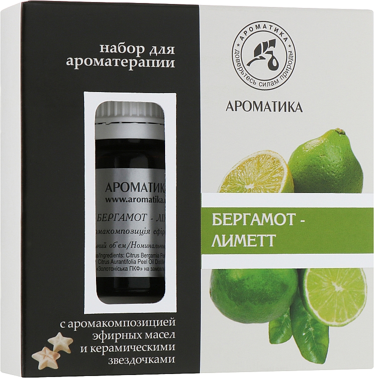 Zestaw do aromaterapii Bergamotka-Limonka - Aromatika, olejek/10ml + akcesoria/5szt.