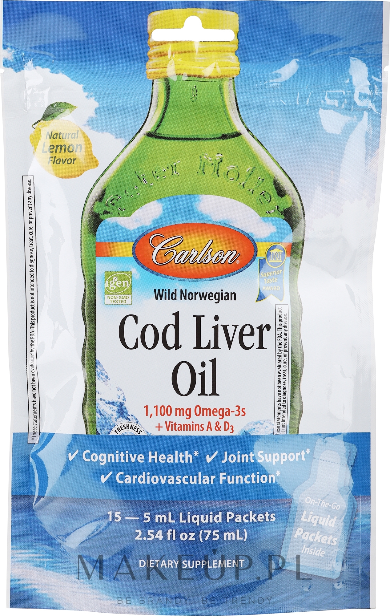 	Olej z wątroby dorsza o smaku cytrynowym, 1100 mg - Carlson Labs Cod Liver Oil Lemon Liquid Packets — Zdjęcie 15 szt.