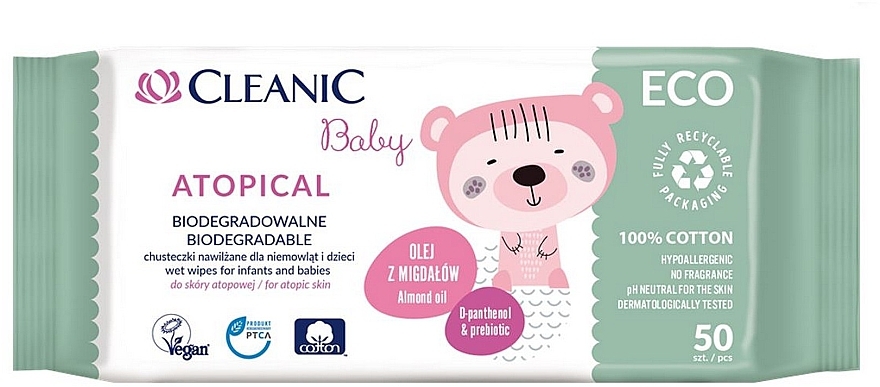 Chusteczki nawilżane dla dzieci do skóry wrażliwej i atopowej, 50 szt. - Cleanic Eco Baby Atopical — Zdjęcie N1