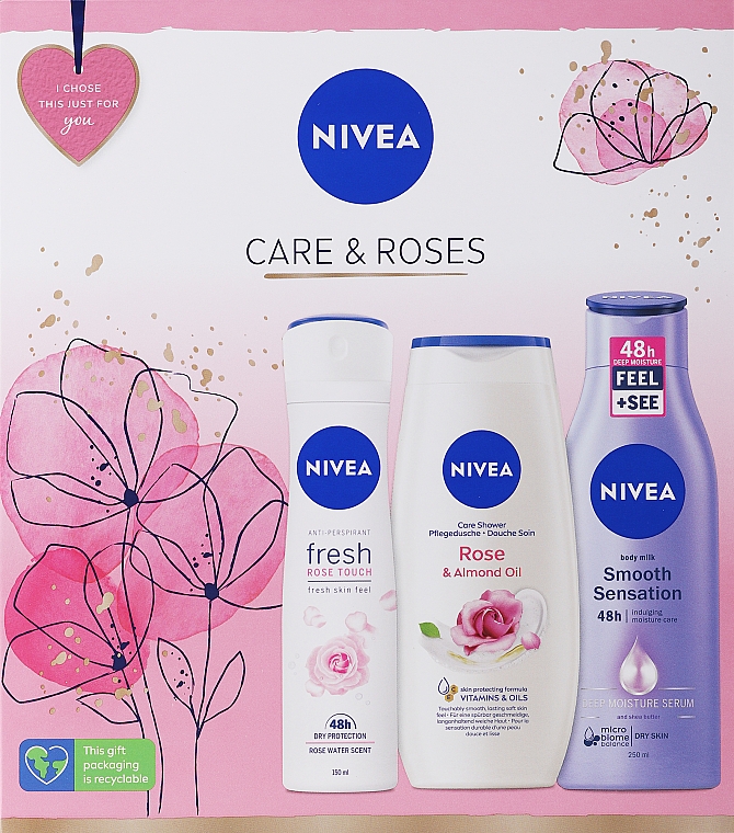 Zestaw - NIVEA Care & Roses (deo/spray/150ml + sh/gel/250ml + b/milk/250ml) — Zdjęcie N9