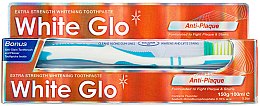 Kup Zestaw do usuwania kamienia nazębnego z biało-niebieską szczoteczką - White Glo Anti-Plaque (t/paste/100ml + t/brush/1 + dental/flosser/1)