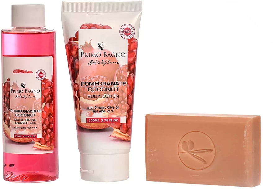 Zestaw - Primo Bagno Pomegranate Coconut Bath Gift Set (b/lot/100ml + sh/gel/150ml + soap/100g + sponge/1pcs) — Zdjęcie N1