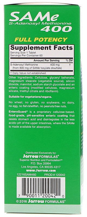 Suplement diety S-adenozylometionina w tabletkach - Jarrow Formulas SAM-e 400 (S-Adenosyl-L-Methionine) 400 mg — Zdjęcie N2