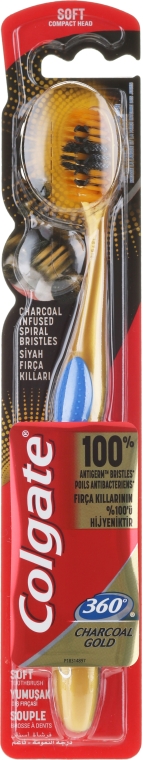 Miękka szczoteczka do zębów, złoto-niebieska - Colgate 360 Charcoal Gold Soft Toothbrush — Zdjęcie N1