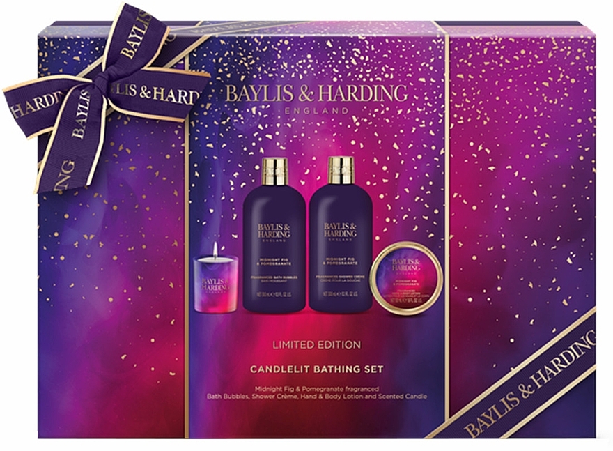 Zestaw - Baylis & Harding Midnight Fig & Pomegranate Luxury Candlelit Bathing Gift Set (h/b/lot/50ml + sh/cr/300ml + bath/foam/300ml + candle/60g) — Zdjęcie N1