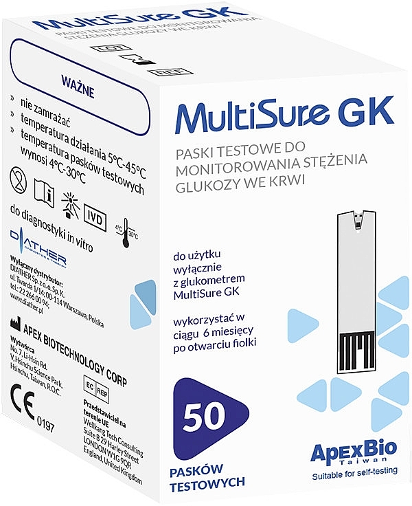 Paski testowe do pomiaru poziomu glukozy we krwi - Diather Diagnostics & Therapy MultiSure GK — Zdjęcie N1