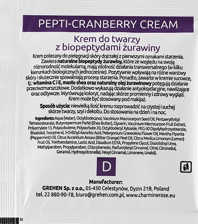 Krem do twarzy z biopeptydami żurawinowymi - Charmine Rose Pepti-Cranberry Cream (próbka) — Zdjęcie N2