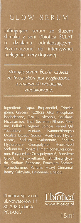 Liftingujące serum do twarzy ze śluzem ślimaka - L'biotica Eclat Glow — Zdjęcie N3