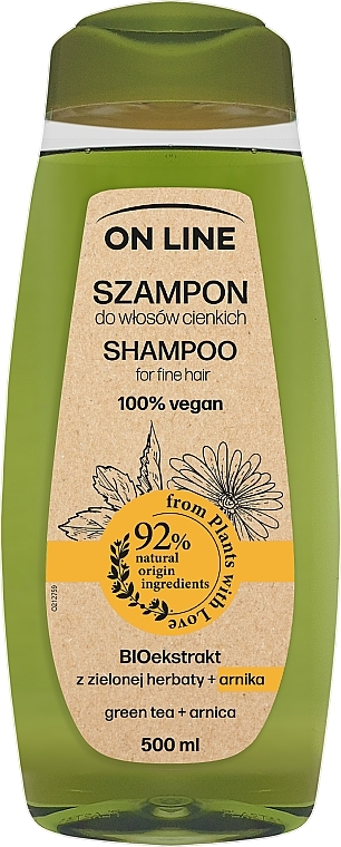Wegański szampon do włosów cienkich Zielona herbata i arnika - On Line Shampoo — Zdjęcie N1
