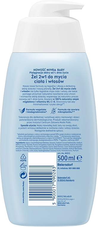 Żel 2w1 do mycia ciała i włosów 500 ml z pompką - NIVEA BABY — Zdjęcie N2