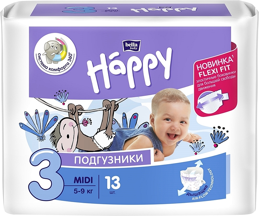Pieluchy dla niemowląt 5-9 kg, rozmiar 3, 13 szt. - Bella Baby Happy 