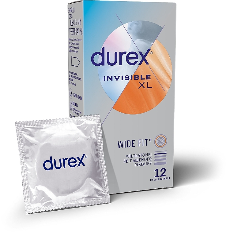Prezerwatywy lateksowe z silikonowym smarem „Ultra-cienki” większy rozmiar (szerszy), 12 szt. - Durex Invisible XL