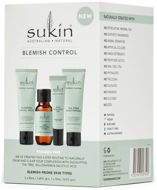 Zestaw do skóry ze skłonnością do niedoskonałości - Sukin Blemish Control (gel 50 ml + toner 50 ml + gel 15 ml + cr 50 ml) — Zdjęcie N1