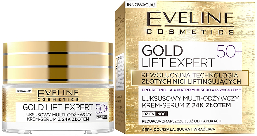 Luksusowy multiodżywczy krem-serum z 24k złotem na dzień i na noc 50+ - Eveline Cosmetics Gold Lift Expert