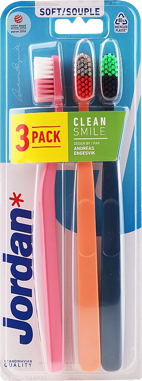 Szczoteczka do zębów 3 szt., miękka, różowa, pomarańczowa, granatowa - Jordan Clean Smile Soft — Zdjęcie N1