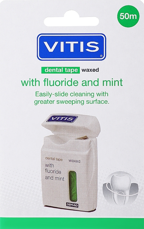 Woskowana taśma dentystyczna miętowa z fluorem szeroka, 50 m - Dentaid Vitis Waxed Dental Tape With Fluoride And Mint — Zdjęcie N1