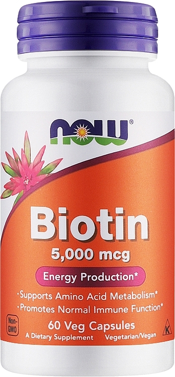 Suplement diety Biotyna, 5000 mcg - Now Foods Biotin 5000 Mcg Energy Production — Zdjęcie N1