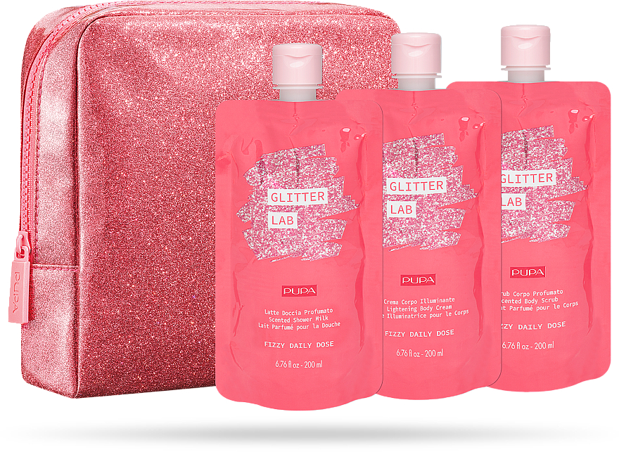 Zestaw (bag + milk 200 ml + cream 200 ml + scrub 200 ml) - Pupa Glitter Lab Frizzy Daily Dose — Zdjęcie N1