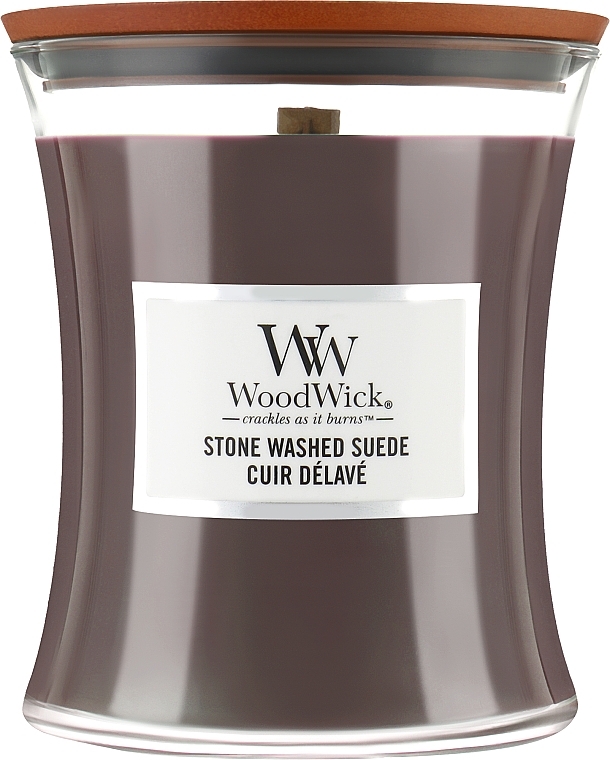 Świeca zapachowa w szkle - WoodWick Hourglass Candle Stone Washed Suede