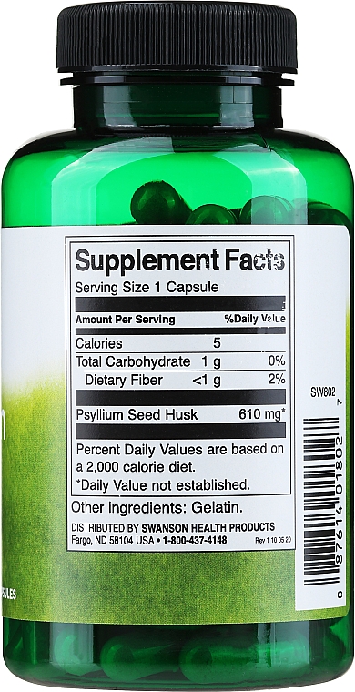 Suplement diety Łuski psyllium, 100 szt - Swanson Psyllium Husks 610 mg — Zdjęcie N2
