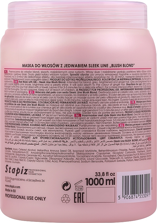 Maska do włosów blond nadająca różowy odcień - Stapiz Sleek Line Blush Blond Mask — Zdjęcie N4