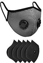 Kup Zestaw: maska na twarz wielokrotnego użytku z dwoma zaworami i 5 filtrami ochronnymi, szara - XoKo